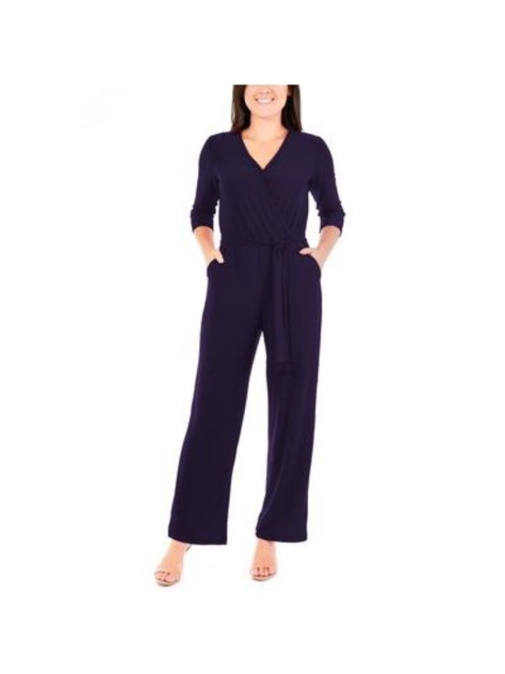 NY COLLECTION Womens 3/4 Sleeve V Neck Party Jumpsuit Navy Blue Size PS NWT